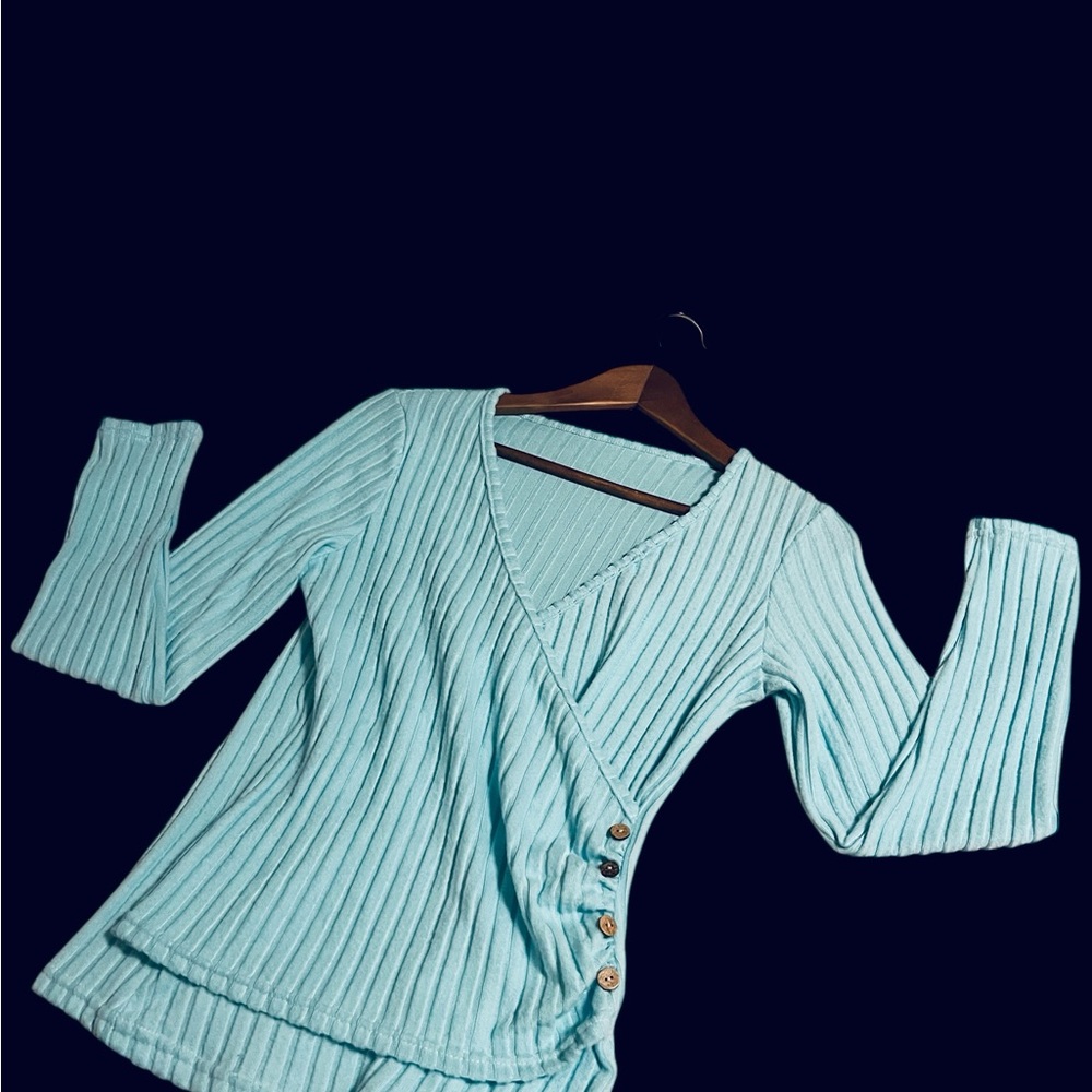 Light Blue Ribbed Wrap Top